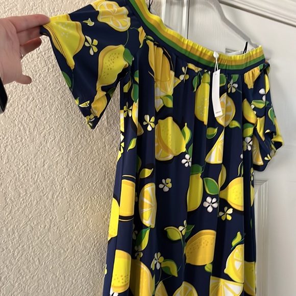 NWT Trina Turk lemon dress medium off the shoulder navy yellow - Picture 8 of 8
